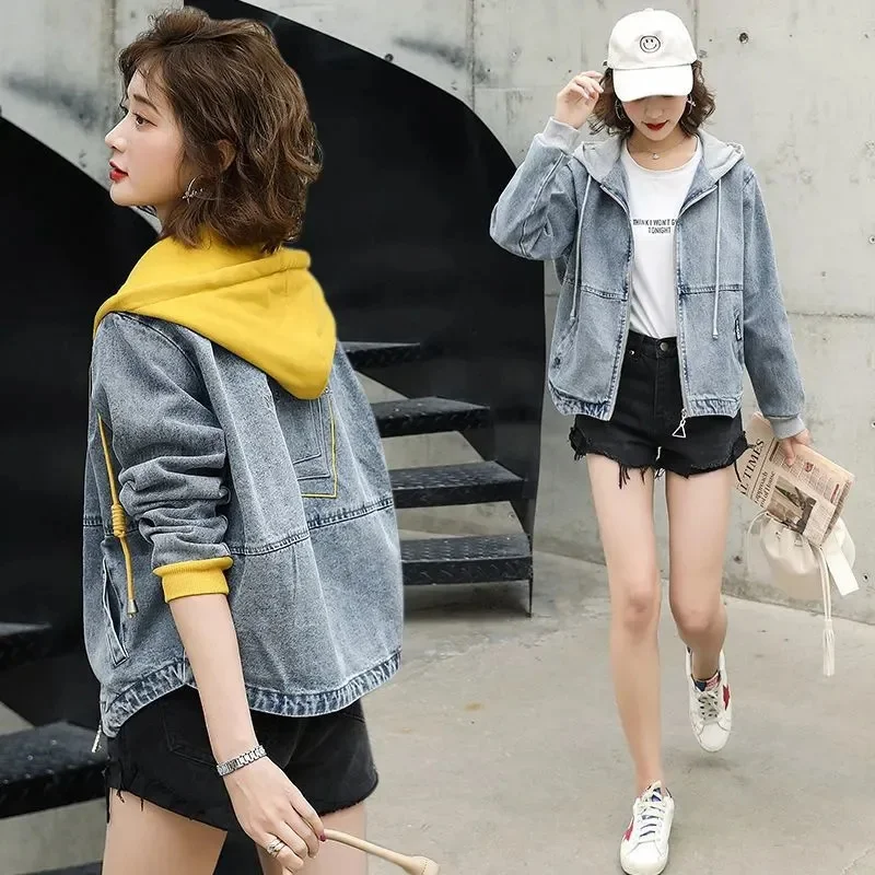 

Spring Lady Long Sleeves Casual Cowboy Jacket Korean Women Patchwork Loose Jeans Coat Autumn Female Hooded Denim Short Outwear