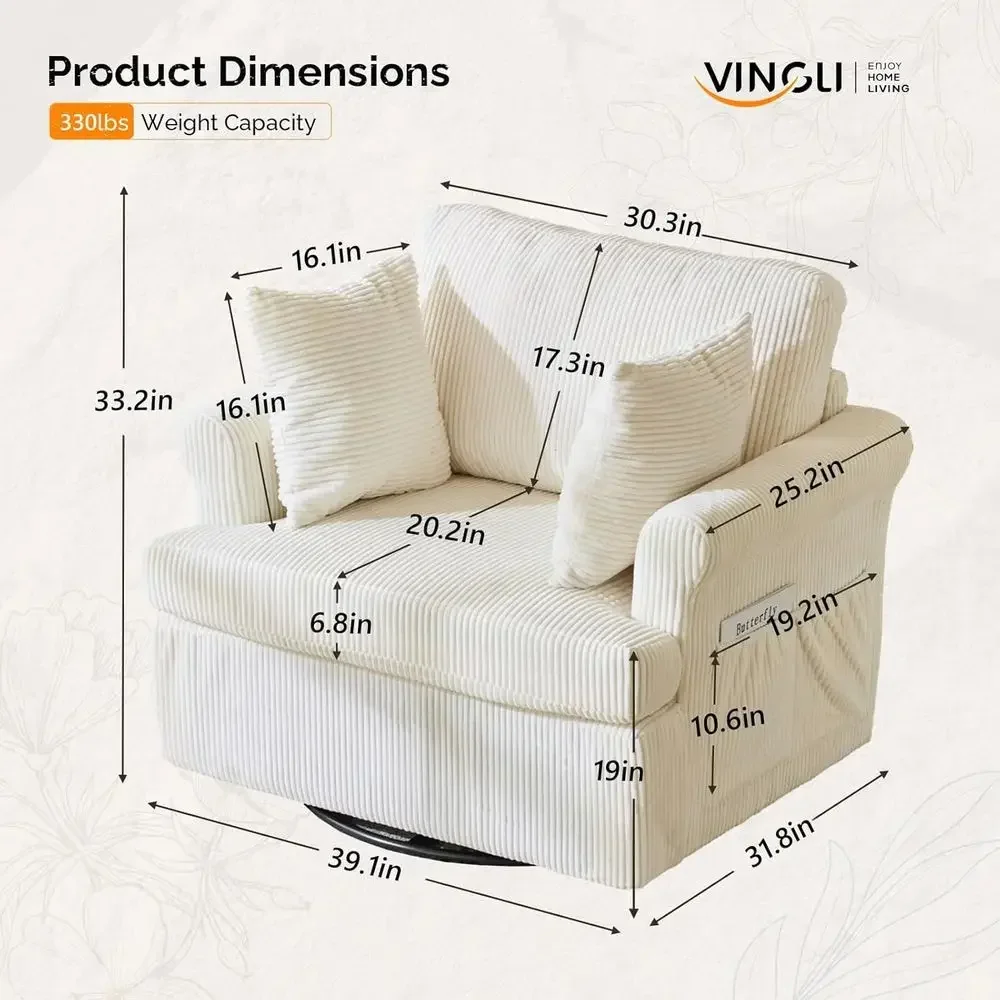 Oversized 360° Swivel Armchairs Set of 2 with Pillows, Corduroy Beige, Ideal for Living Room, Bedroom, Reading Room