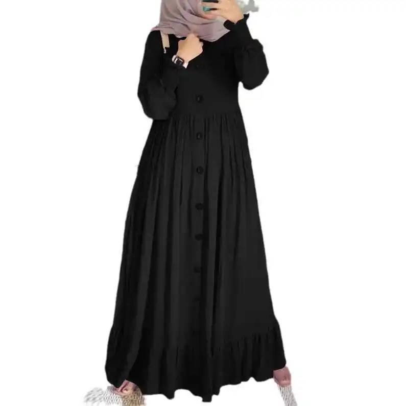 2025 printemps et automne nouveau musulman coton et chanvre artistique décontracté ample grand col rond robe à volants dubaï luxe Islam élégant