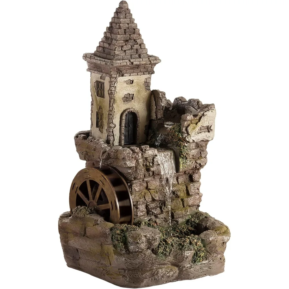 Outdoor Tiered Fountain, Fairy Castle Waterwheel Design, Realistic Stone Look, Thirty Five Inches, Brown Finish