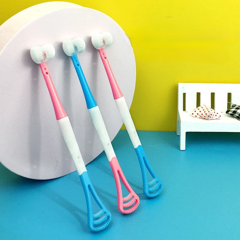 Brosse à Dents Créative pour Bébé de 2 à 12 Ans, à Trois Faces, Souple, de Sécurité, Soins d'Hygiène Buccale pour Enfant, Brosses Recouvertes de Langue, 1 Pièce