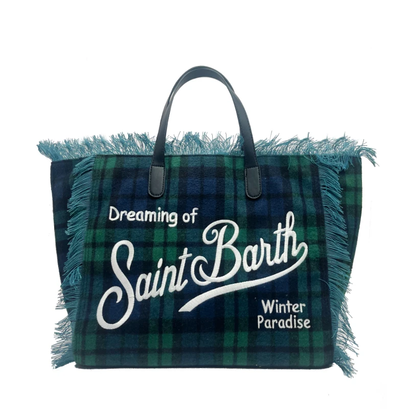 SAINT BARTH New Women's Large Capacity Thousand Bird Grid Woolen Tote Bag Handmade Tassel Handbag