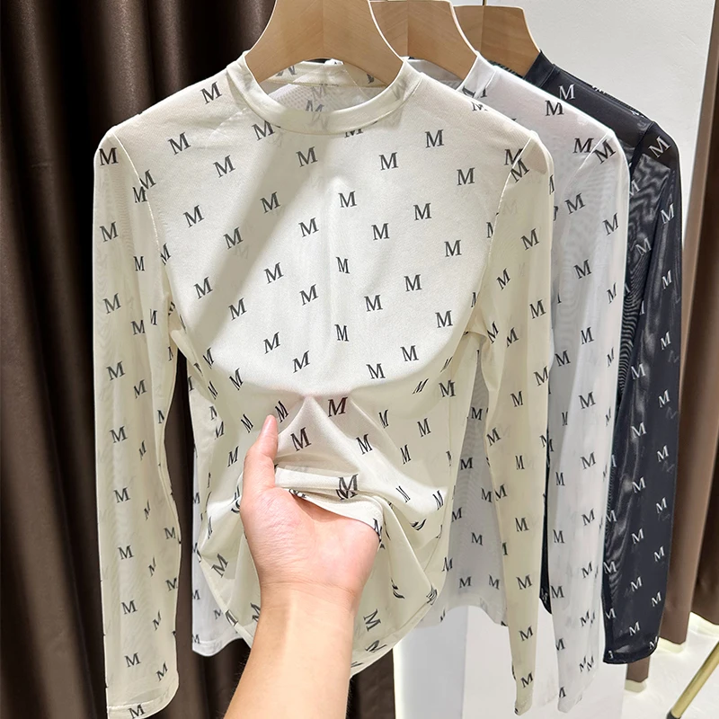 2023 Summer Women Golf Sunscreen with long sleeves and ultra-thin ice silk bottoming shirt and round neck turtleneck top