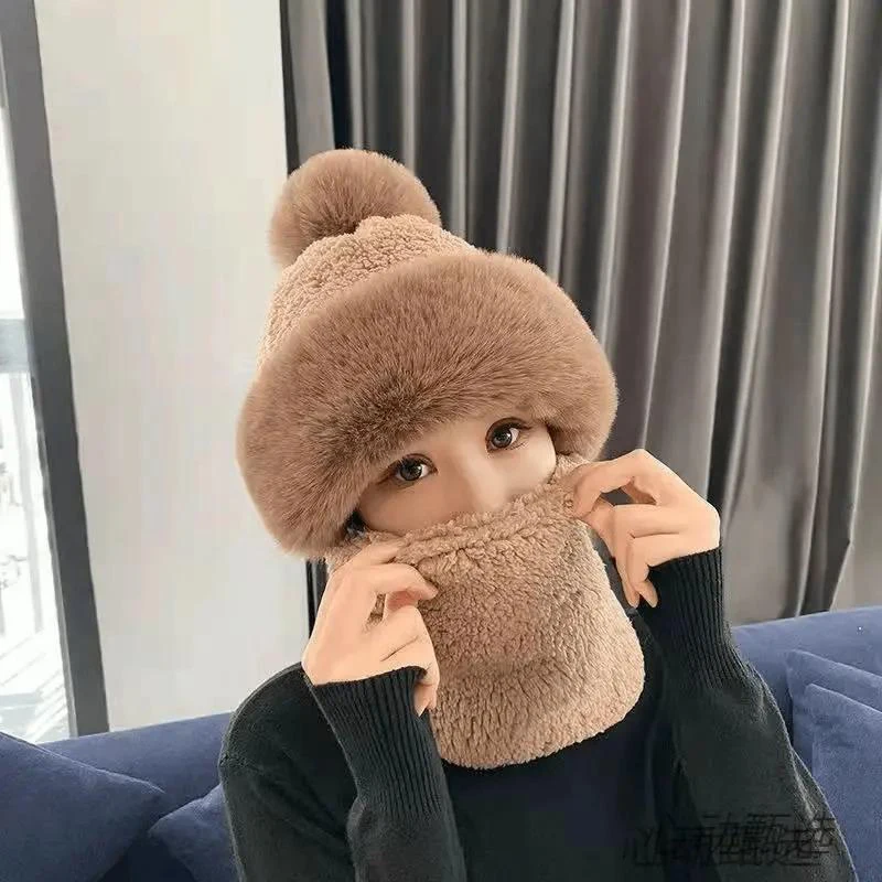 شتاء جديد متكامل حماية الأذن يندبروف قبعة باوتو قبعة وشاح قناع الفراء الكرة زائد المخملية الدراجات قبعة تدفئة للنساء #3
