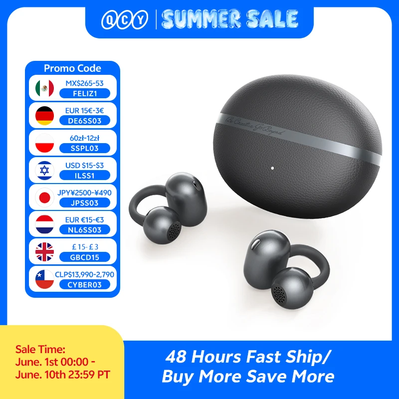 QCY Crossky C50 Open Ear Wireless Earbuds Bluetooth 6.0 Comfort Clip On Sports Earphone 4 Mic AI Clear Call Bass Boost Headphone