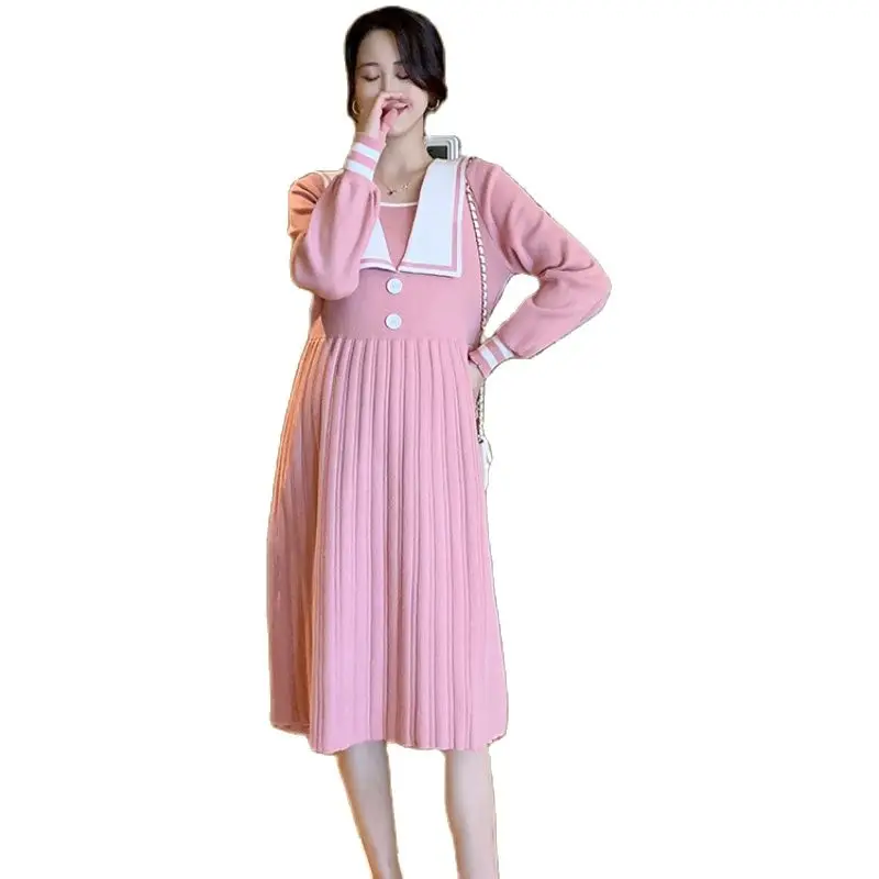 Good Quality Maternity Winter Clothes Preppy Style Sailor Collar Pregnant Woman Knitting Dress Princess Pleated Dress Black Pink