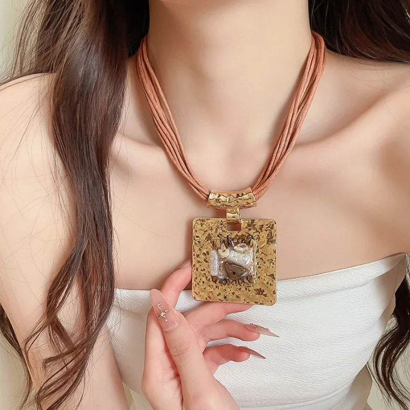 Minar Trendy Simulated Pearl Natural Stone Wood Glass Beads Square Coin Pendant Necklaces for Women Multi Wax Rope Chain Choker