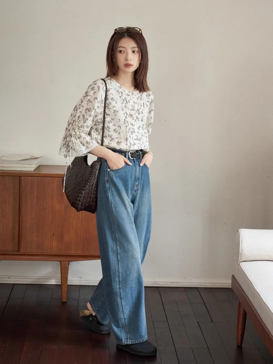 Women Spring Autumn Loose Straight Leg Pants Curved Wide Leg Jeans
