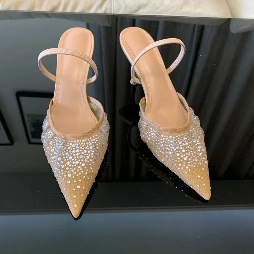 TRAF-sandalias con lentejuelas para mujer, zapatos de tacón con malla y diamantes de imitación, elegantes y puntiagudos, para fiesta, verano, 2024