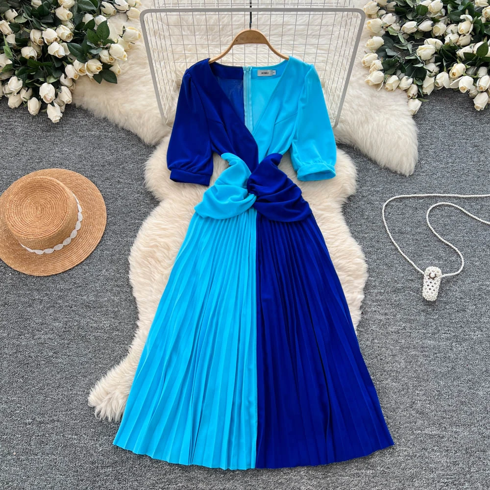 

Элегантные лоскутные свободные платья трапециевидной формы с короткими рукавами в стиле ретро, повседневные женские осенние церемониальные платья с высокой талией