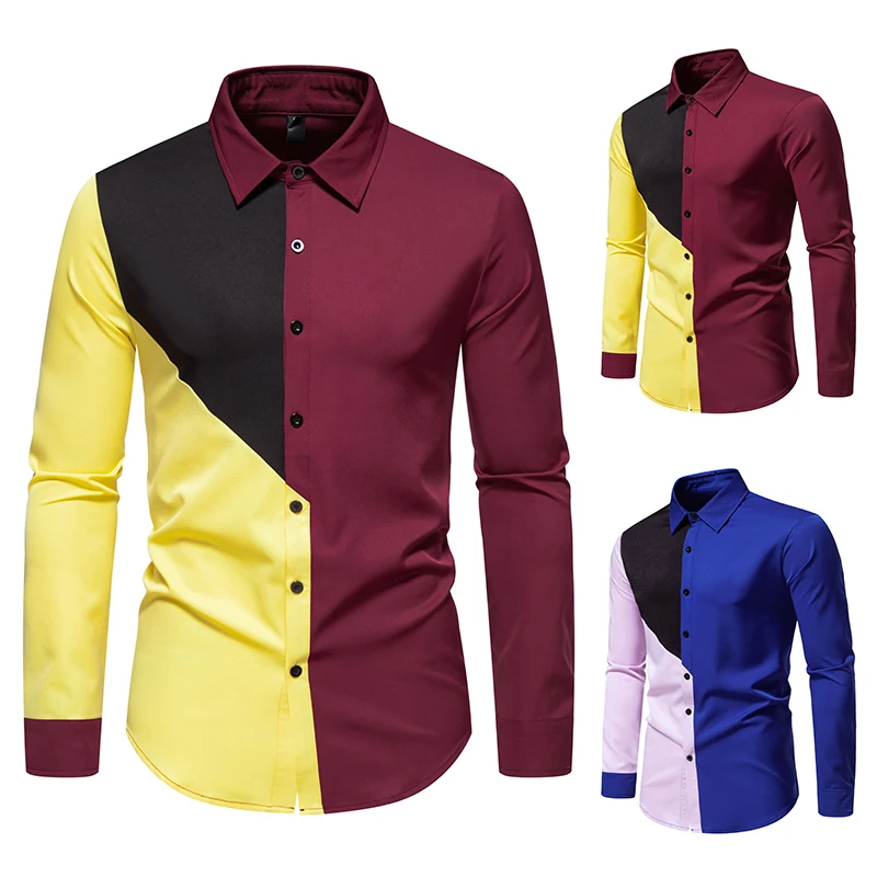 

2024 New Men's Lapel Color Matching Long-sleeved Shirt Fashion Casual Loose Type Suit Dress Holiday Gifts