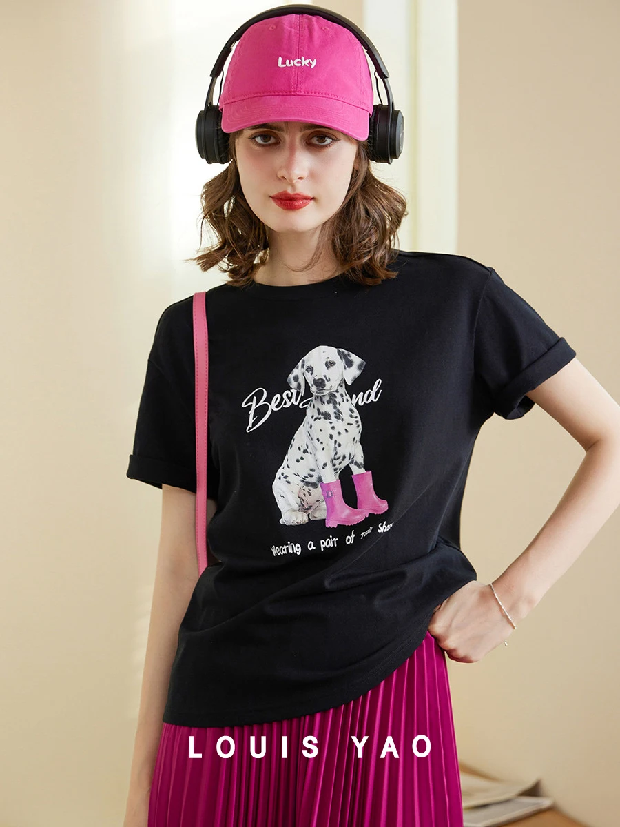 Camiseta de LOUIS YAO para mujer, ropa de algodón con estampado de perro de dibujos animados, informal, a la moda, Top básico con hombros caídos, 2024