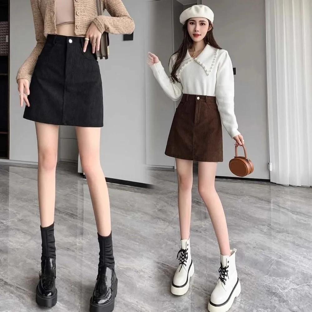 

Leisure High Waist Women Corduroy Skirt Velvet Spicy Girl Style A-line Short Skirt Autumn Winter Large Size Slim Fit Skirt Party