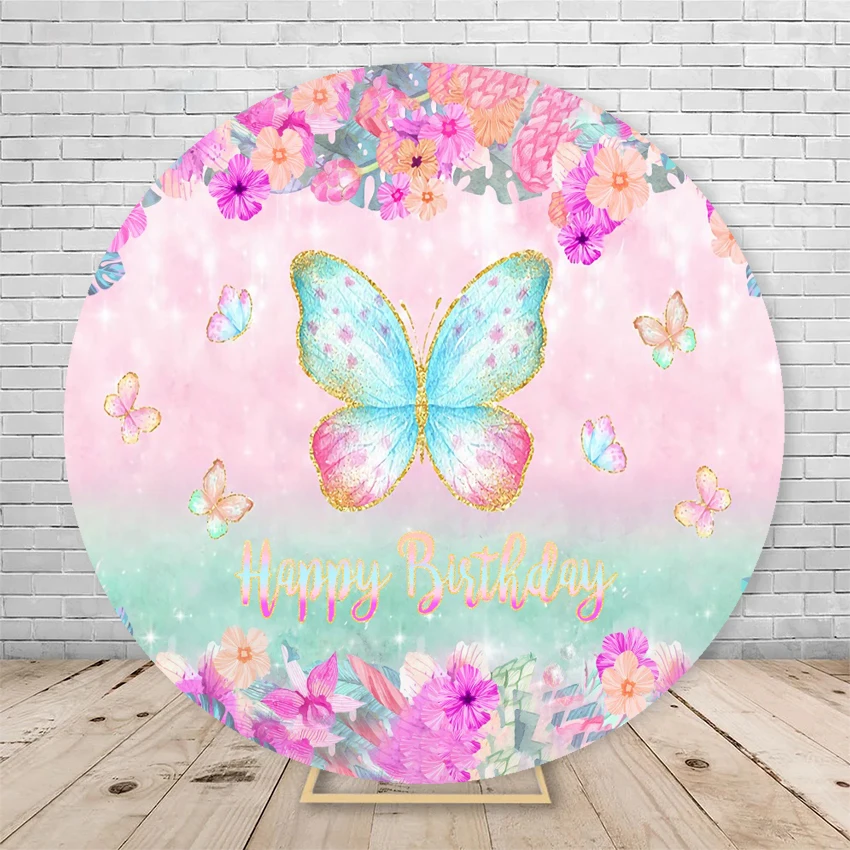 Girl\'s Birthday Round Backdrop Cover Butterfly Flowers Party Decor Baby Shower Photography Backgrounds For Photo Studio