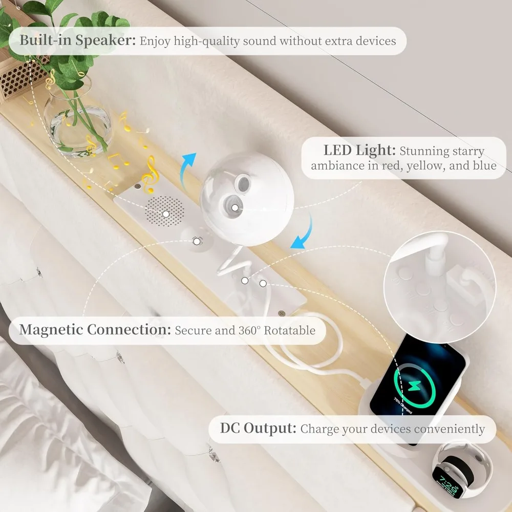 إطار سرير LED مع جهاز عرض Galaxy Aurora Star، وسرير بمنصة مع محطة شحن، وحدة تخزين مخفية منجدة