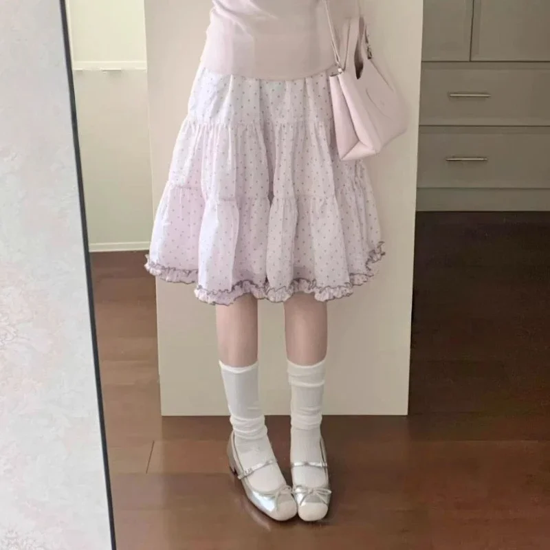Sweet Ruffle Pink Polka Dot Half Length Skirt for Women Summer New Cute High Waist Slim Skirts Harajuku Chic Puffed Skirt New