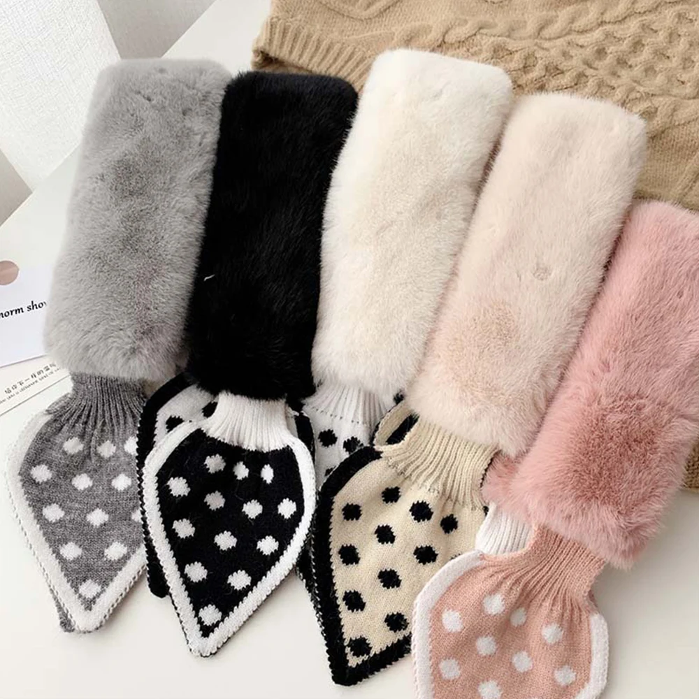 Fashion Dot Solid Faux Fur Scarf For Women Plush Warm Neck Collar Scarves Cross Polka Dot Scarf Knitted Scarves For Ladies Warm