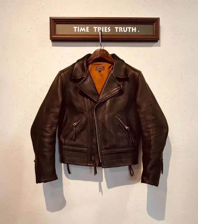 LNY!Wholesales.Super Heavy 1.6mm Tanned cowhide jacket.Japan Luxury Classic Motor Rider genuine leather coat.Cidu Brand Men