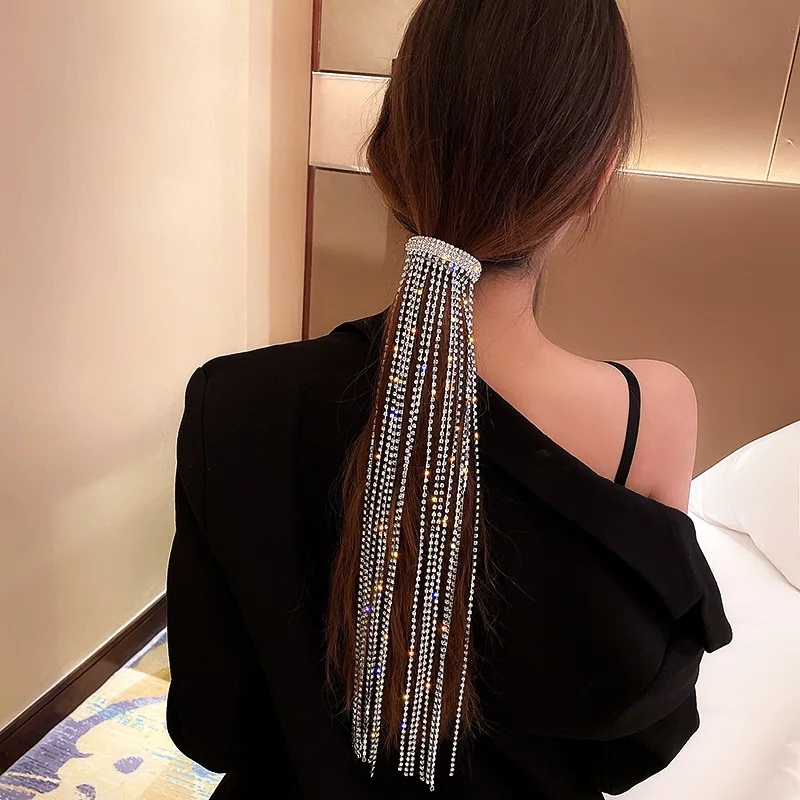 Exaggerate Brilliant Sparkling Diamond Tassel Headwear Full Diamond Design Fashion Horsetail Clip Hair Accessories