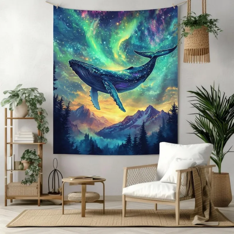 VIKAMA Cosmic Whale Tapestry Wall Hanging Aurora Galaxy Mountain Starry Sky Fantasy Aesthetic Wall Art Bedroom Living Room Decor