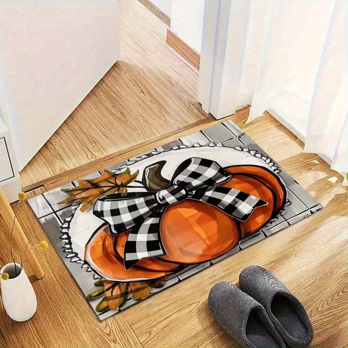 1pc Flannel Door Mat- Autumn Pumpkin, Autumn Leaves And Plaid Butterfly Design, Orange, Black, White- Entrance Mat, Suitable For Front Door, Living Room, Kitchen, Balcony- Thanksgiving, Christmas, Halloween Decorationroom Decor