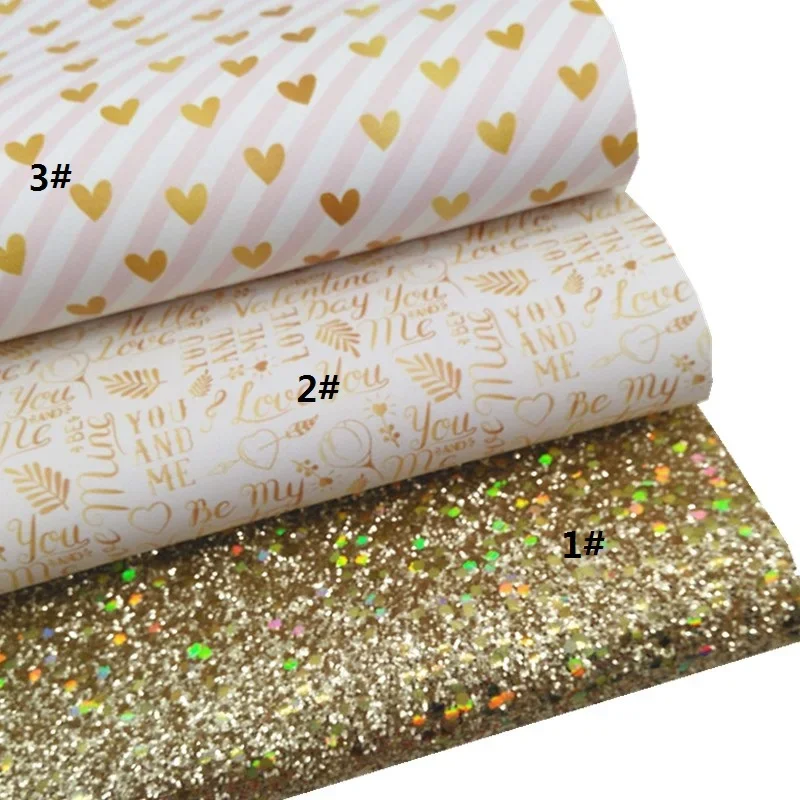 Pink Glitter Leather Iridescent Gold Glitter Leather Sheest Hearts LOVE Printed Synthetic Leather DIY Craft Sheet Mini Roll W364