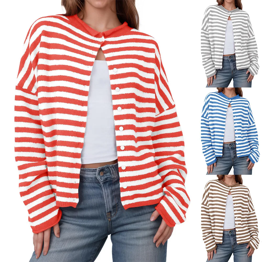 

Women's Striped Casual Long Sleeve Loose Knit Sweater, Lightweight Fall & Winter Fashion, Button Front Open Front Design