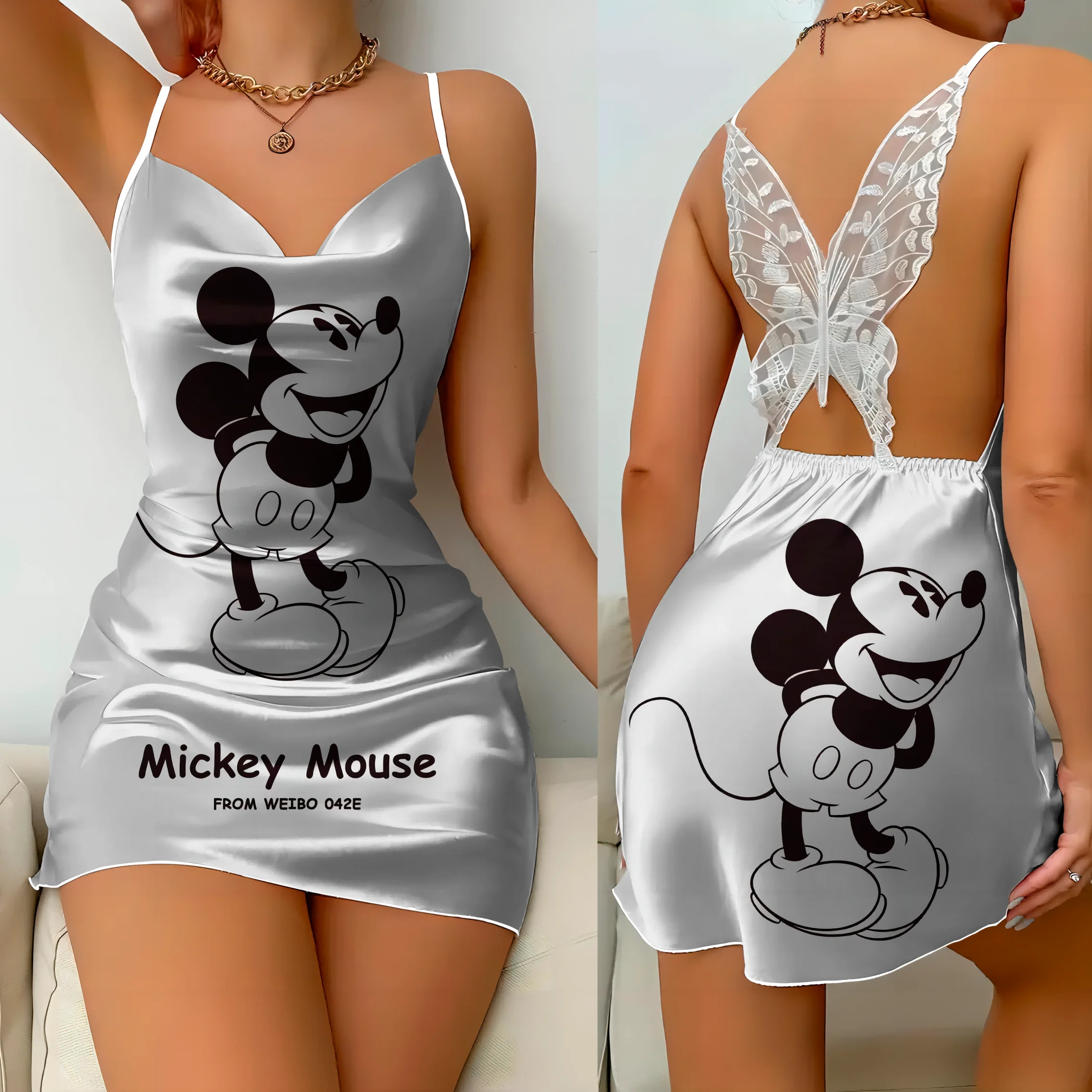 Sukienka wsuwana Sukienki imprezowe Disney Bow Knot Satin Surface Piżama Spódnica Mickey Minnie Mouse Moda damska Lato 2024 Eleganckie kobiety