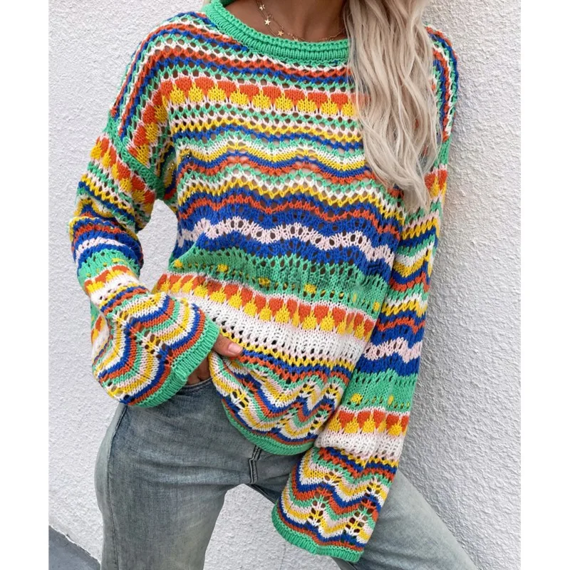 Fashion Color Stripe Knitted Sweaters Women Trendy Patchwork Hollow Out Pullover Sweater Female Autumn Winter Commuting Clothing