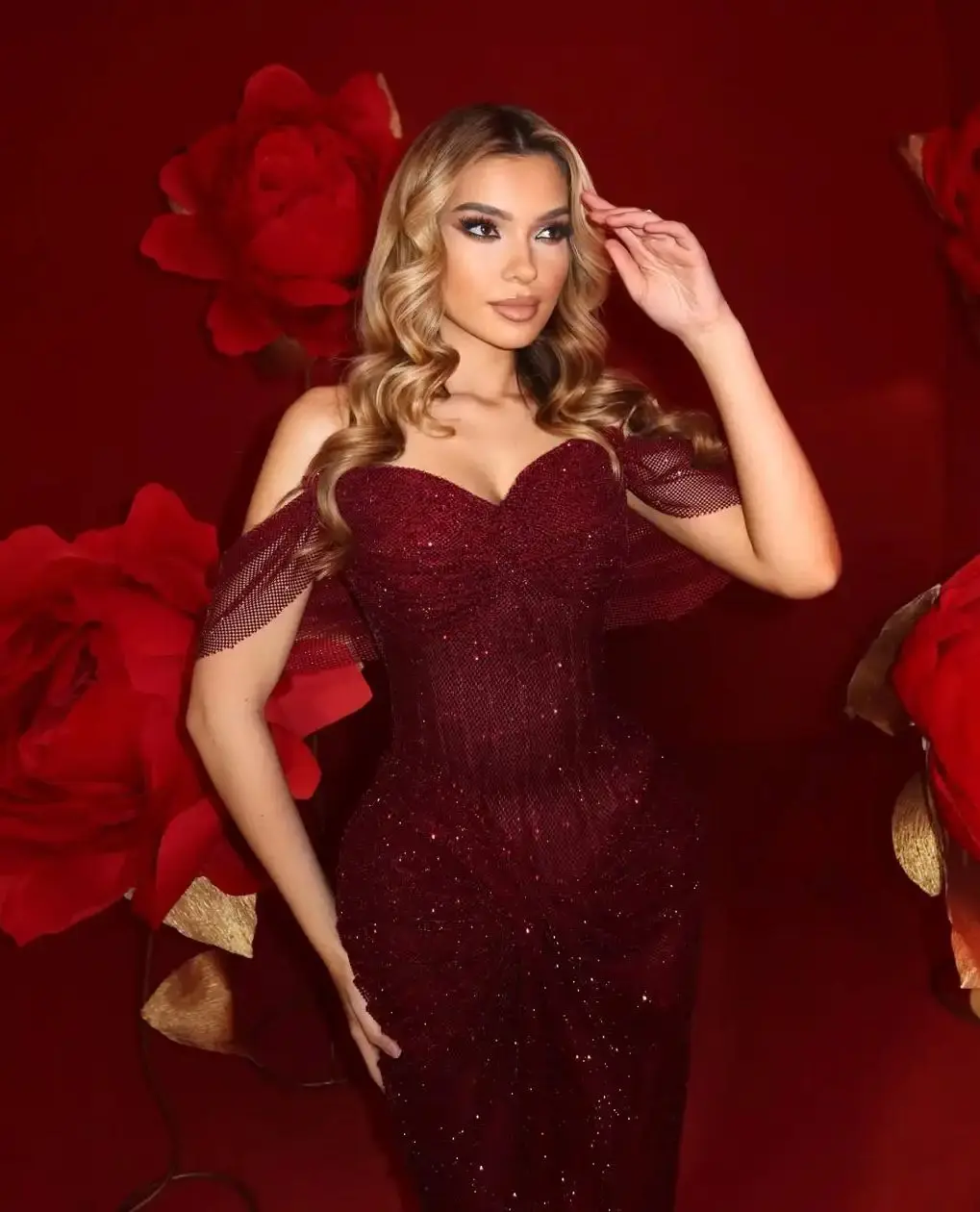 

Ofherown Burgundy Off-the-Shoulder Heart Neck Sequin Mermaid Evening Gown Women's Prom Formal Party Dress Vestido de Noche