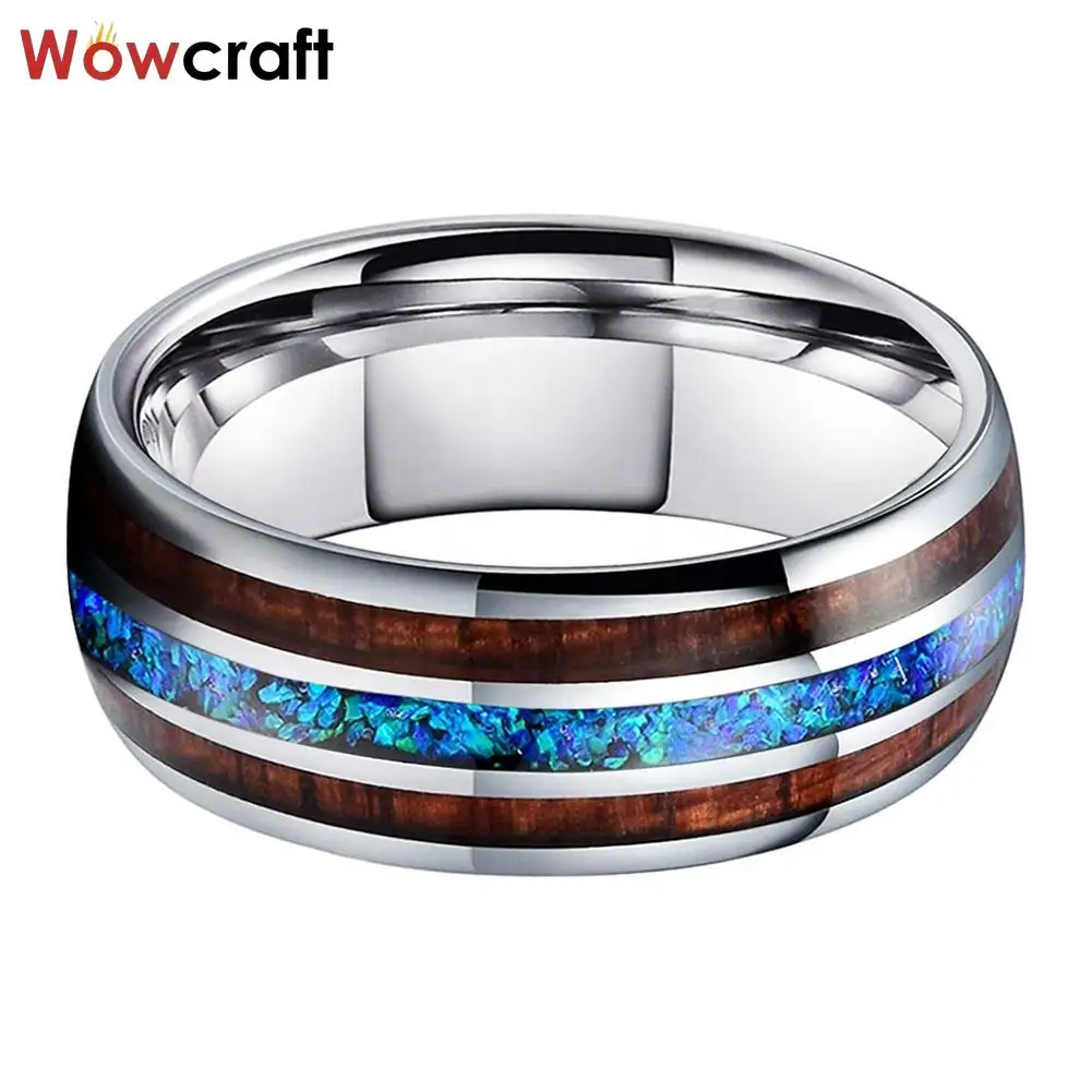 Tungsten Carbide Ring with Blue Opal Wood Inlay Wedding Band Engagement Promise Ring Comfort Fit