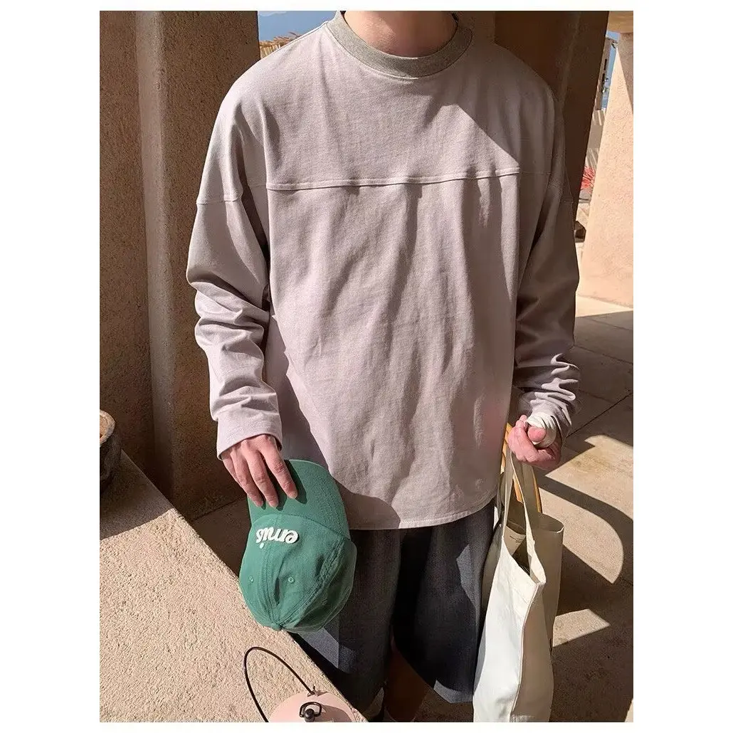 

Retro Simple Style Large Letter Embroidery 3D Cutting Shoulder Drop Long Sleeve T-Shirt Splicing Loose Fit Male Female Universal