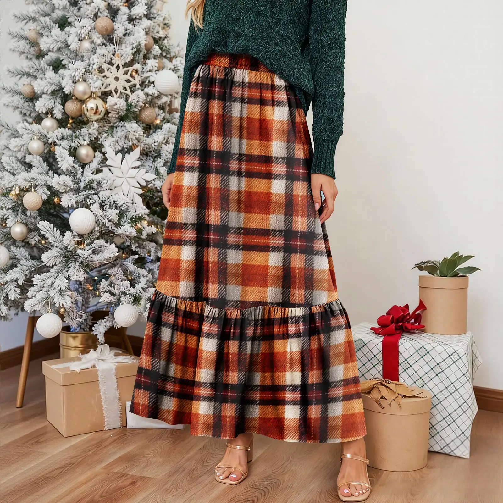 Winter Plaid Woolen Skirt Women's Mid-length A-line Ruffled Skirt Ladies High Waist Cotton Blend Pleated Long Skirt