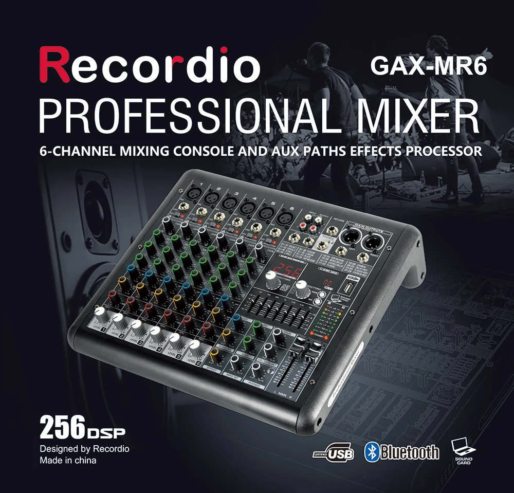 GAX-MR6 Pro 6 canaux audio mixeur de puissance sonore console de mixage avec procureur console de mixage audio mixeur audio 256 effets numériques DSP