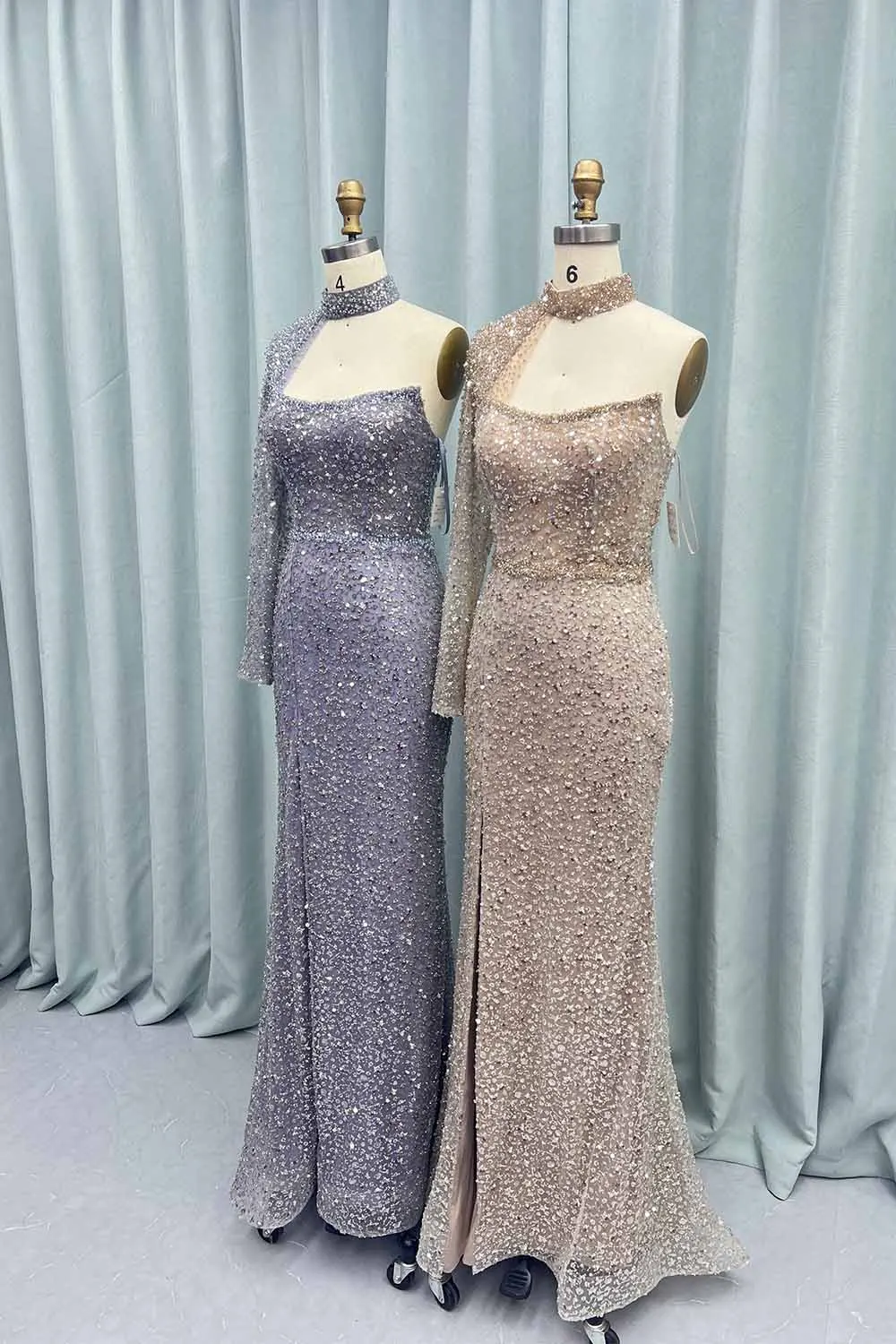 YQLNNE Unique Nude One Shoulder Prom Dresses Long Sleeve Crystals Left Split Mermaid Formal Evening Party Gown Dubai