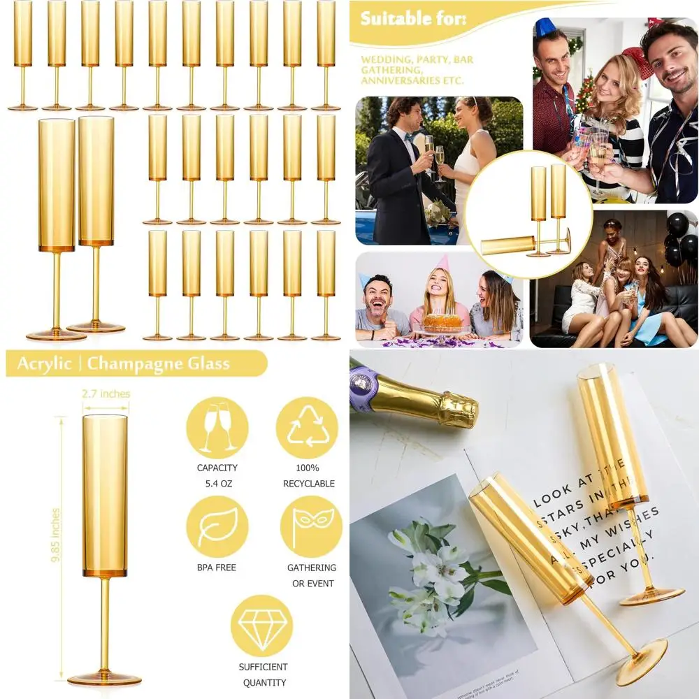 

Set of 24 Reusable Amber Plastic Champagne Flutes, 5.4 Oz Acrylic Glasses for Mimosas, Ideal for Weddings, Parties, and Celebrat