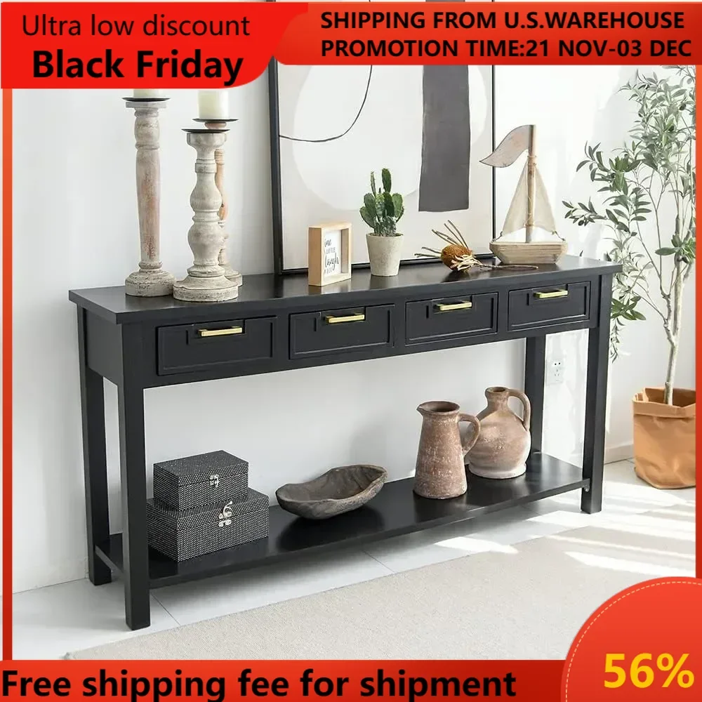 Console Table for Entryway, 60 Inch Sofa Table w/4 Drawers and Bottom Shelf Narrow Long Hallway Table