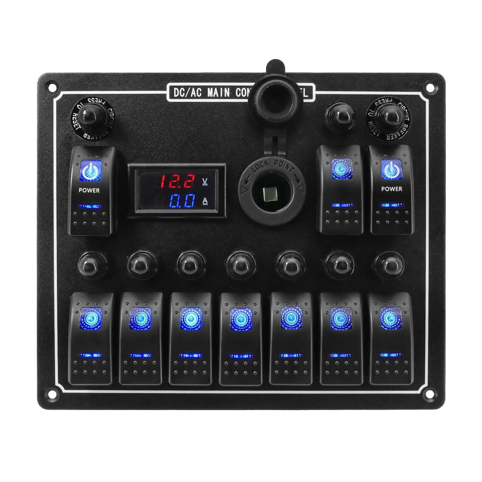 10 Gang Switch Panel with Digital Voltage Display Cigarette Lighter Blue LED ON-Off Button Switches Fit for Boat Marine RV