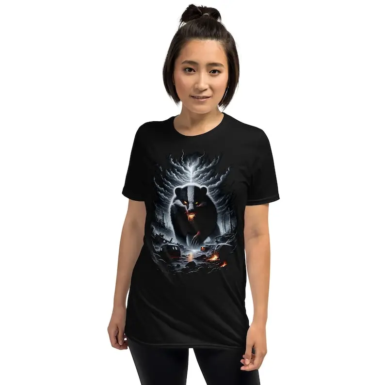 

Post-Apocalypse Badger T-Shirt: Giant Mutant Monster, Thunderstorm City Ruins