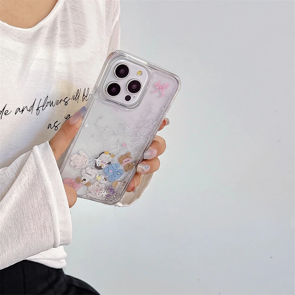 Luxury Quicksand Cartoon Penguin Elephant Phone Case for IPhone 16 15 14 13 12 11 Pro Max Plus Transparent Back Cover Gift