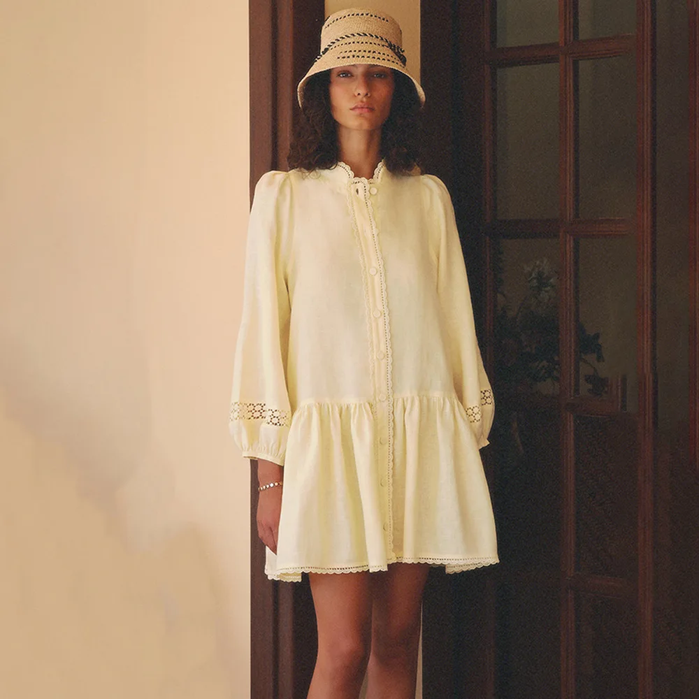 Abito da donna sexy in pizzo scavato patchwork Abito monopetto a maniche lunghe giallo Autunno Allentato Casual Streetwear