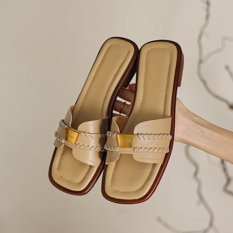 All Natural Leather Open Style One Line Strap Slippers Metal Decoration Fashionable Slippers Versatile Comfortable