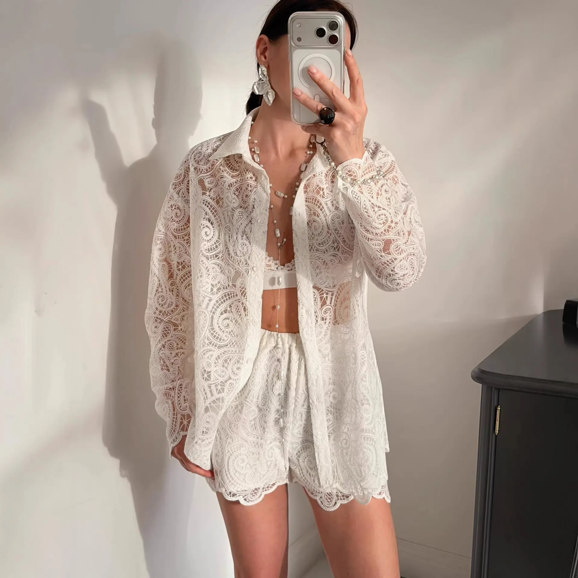 

Shpmishal Lace Crochet Blouse and High Waist Shorts Set Women Summer Elegant Loose Fit Outfit