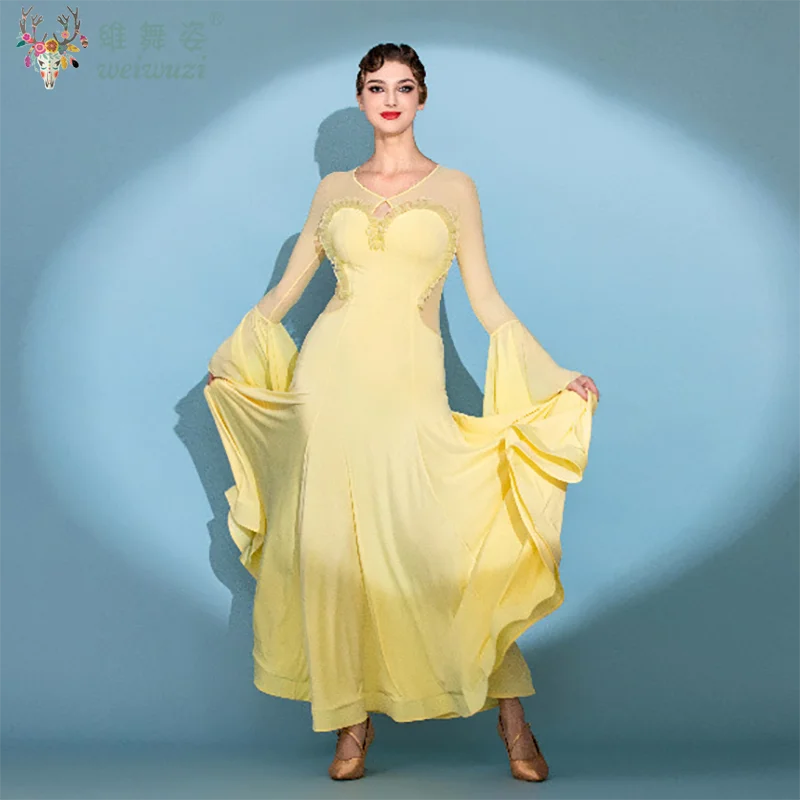 Ballroom Dance Performance Costume for Women Waltz Dance Hall Competition Dress  Exquisite Flying Long Sleeve Chiffon Dresses