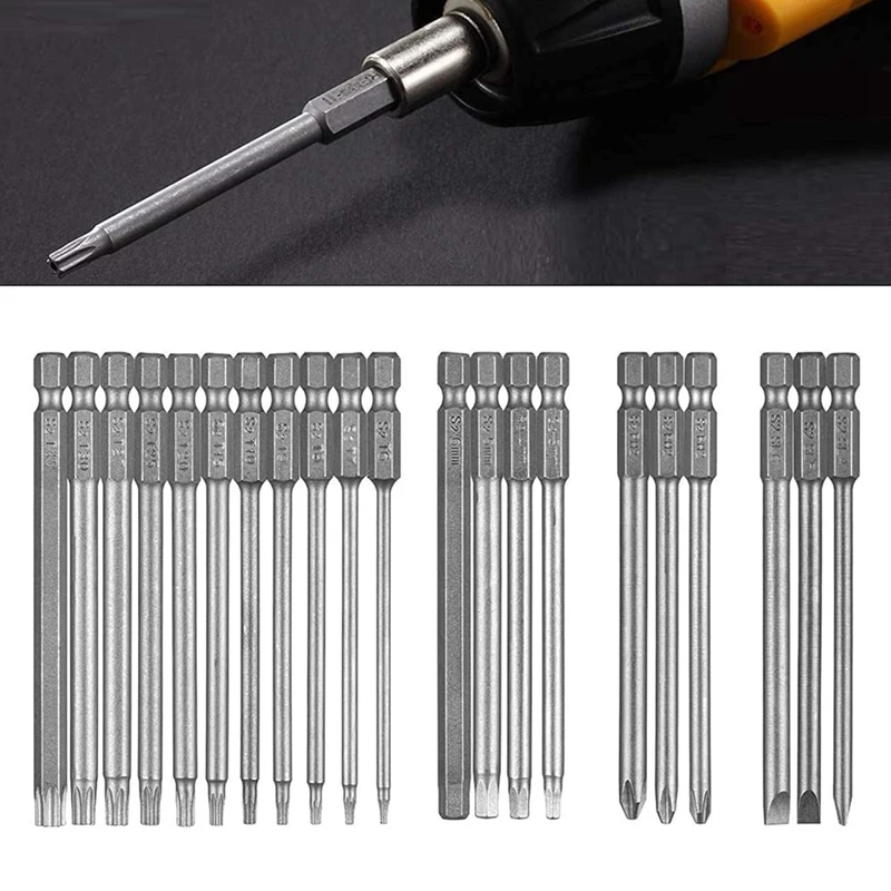 Set obeng Torx Bit, 21 buah Set Obeng Torx (100Mm), Set Bit T6-T40 panjang dengan magnetik, segi enam 1/4 inci