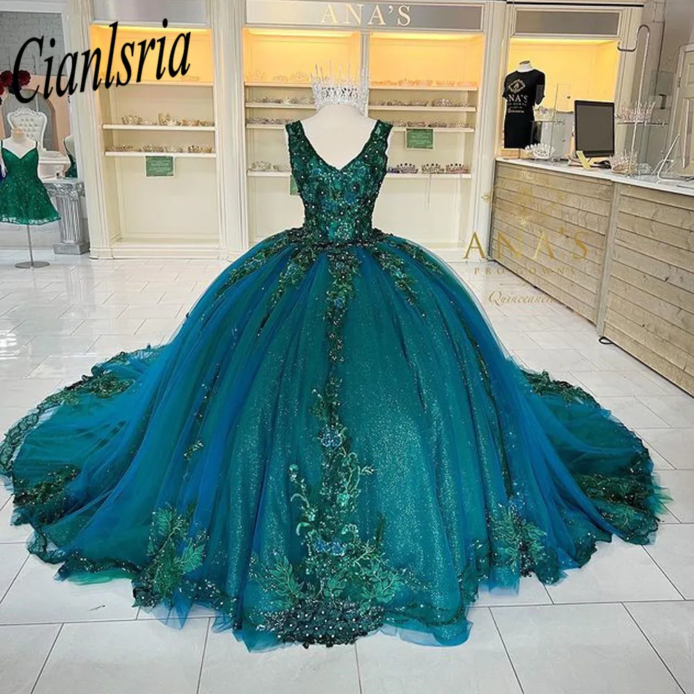 Suknia balowa z krynoliną Quinceanera sukienki zielona formalna koronka w górę księżniczka Sweetheart Tulle sukienki cekinowe na przyjęcie Vestidos De 15 años