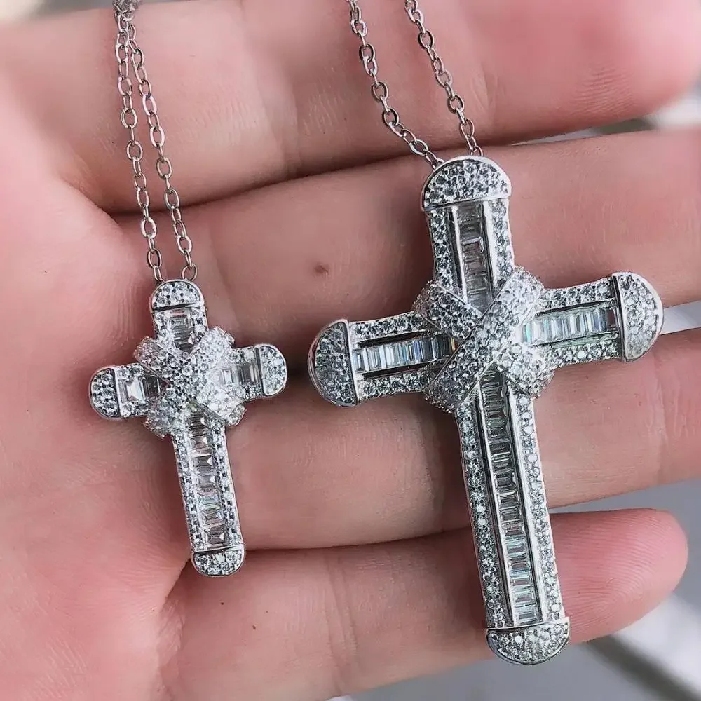 Luxury Two sizes Exquisite Bible Jesus Cross Pendant Necklace for Women Men Crucifix Charm 925 silver Simulated Diamond Jewelry