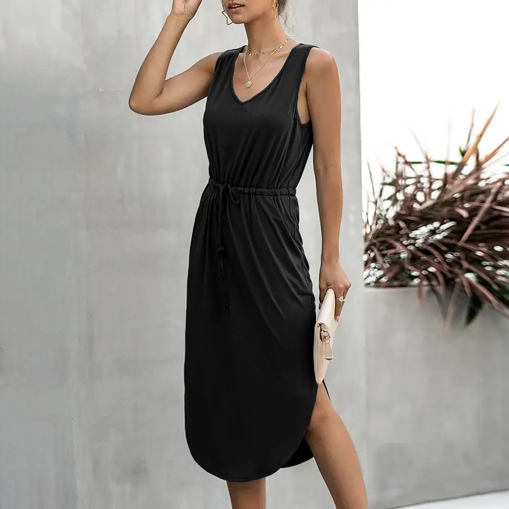 Summer Sleeveless V Neck Drawstring High Waist A Line Dress Sexy Knee Length Asymetrical Dress Casual Cotton Tank Shirt Dress