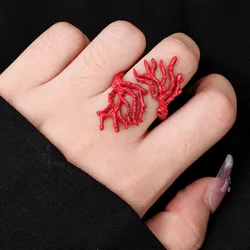 Popular Plant Red Coral Personalized Alloy Ring Women's European and American Hip Hop Jewelry Exaggerated 2024 New Style