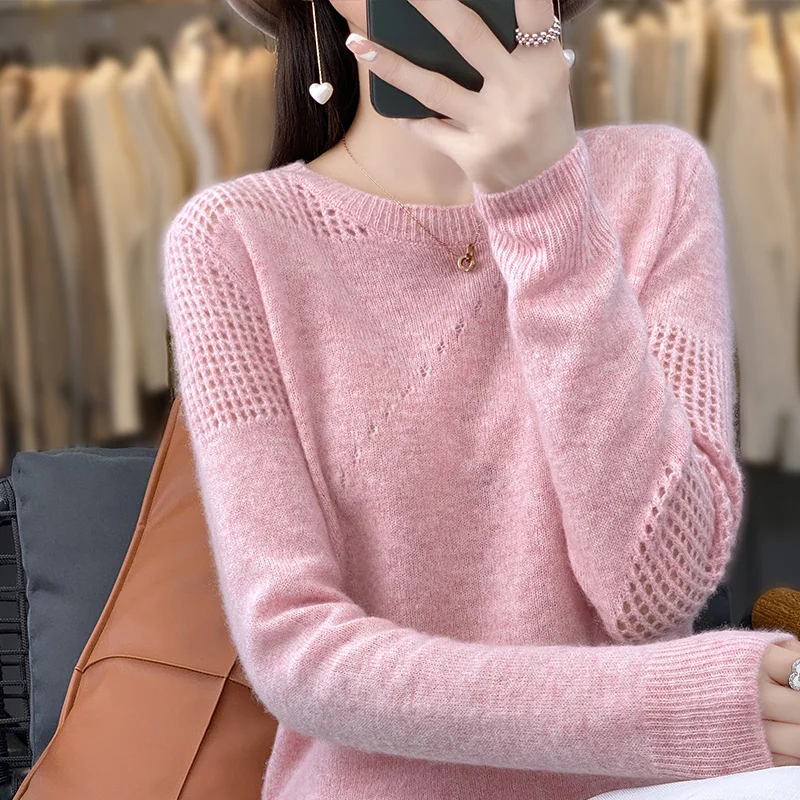 MOONYUEFA-Pure Wool Sweater for Women, O-Neck Pullover, Long Sleeve, Hollow Cashmere, Solid Color Bottoming Shirt, Top, New,100%